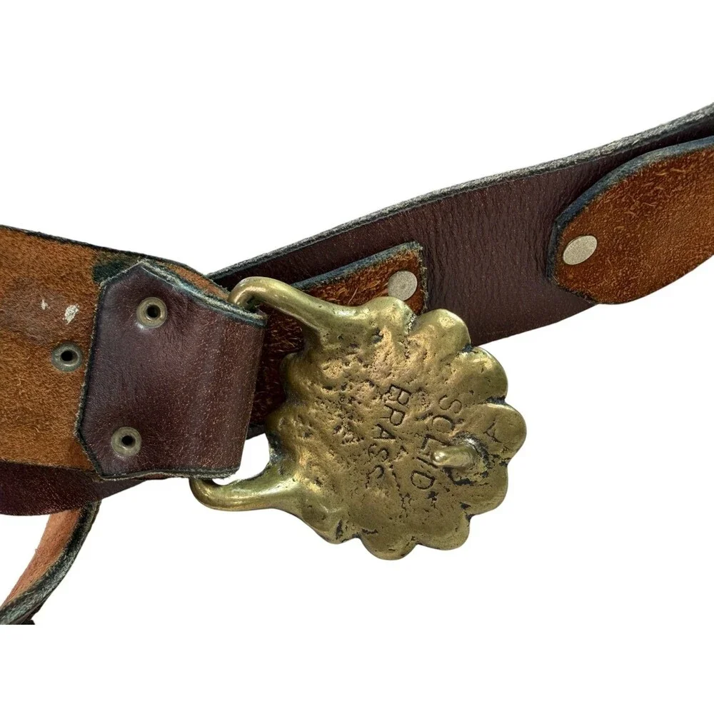 Vintage 70's Brown Leather & Suede Patchwork Belt w/ Floral Solid Brass Buckle L